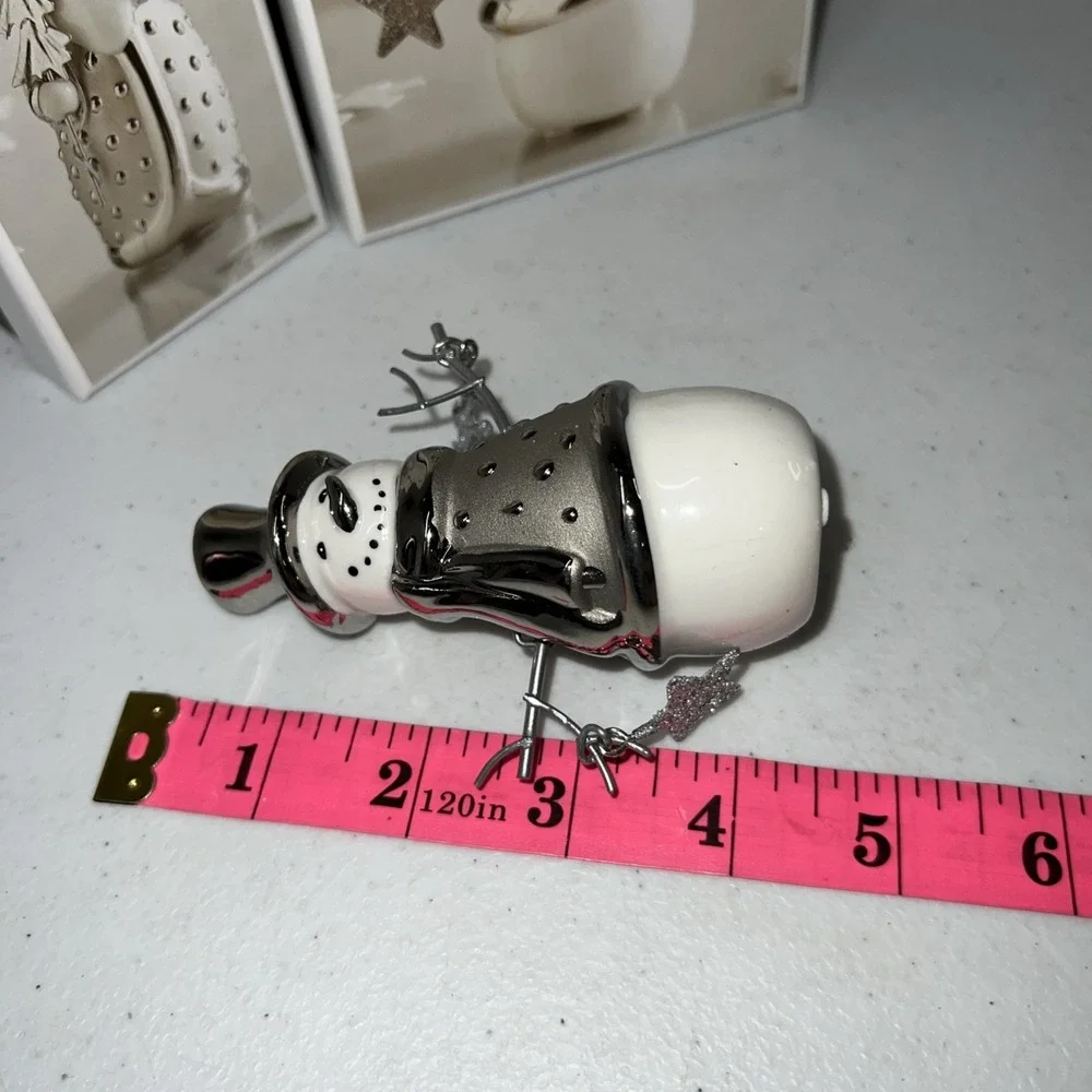 Vintage Pier 1 White Ceramic Snowman  And Santa Figures Silver Christmas
